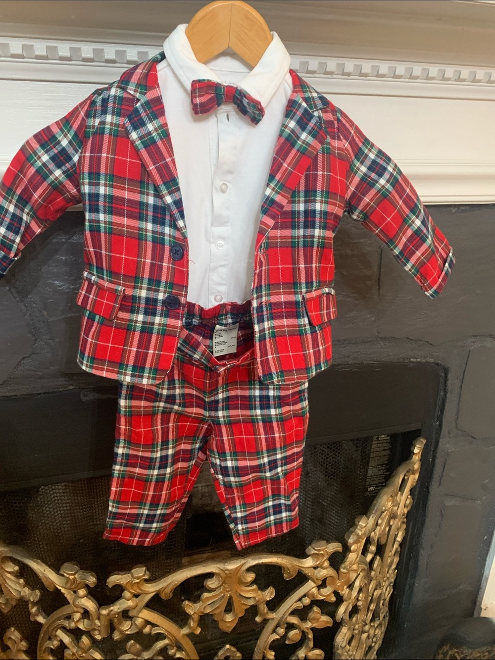 First Impressions Red and Green Plaid Bow Tie with White Dress Shirt